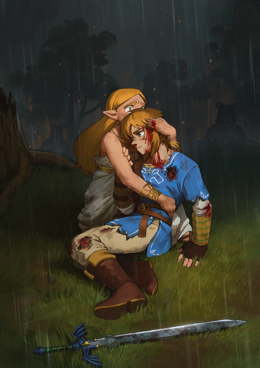 1boy 1girl absurdres blonde_hair blood commentary death english_commentary fine_art_parody highres hug ivan's_son ivan_the_terrible ivan_the_terrible_and_his_son_ivan link malin_falch parody pointy_ears princess_zelda the_legend_of_zelda the_legend_of_zelda:_breath_of_the_wild