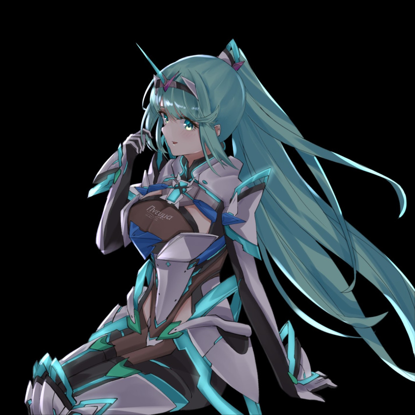 1girl bangs black_background breasts chest_jewel cowboy_shot from_side gloves green_eyes green_hair highres large_breasts long_hair long_ponytail pneuma_(xenoblade) ponytail sarasadou_dan simple_background sitting solo swept_bangs tiara very_long_hair xenoblade_chronicles_(series) xenoblade_chronicles_2