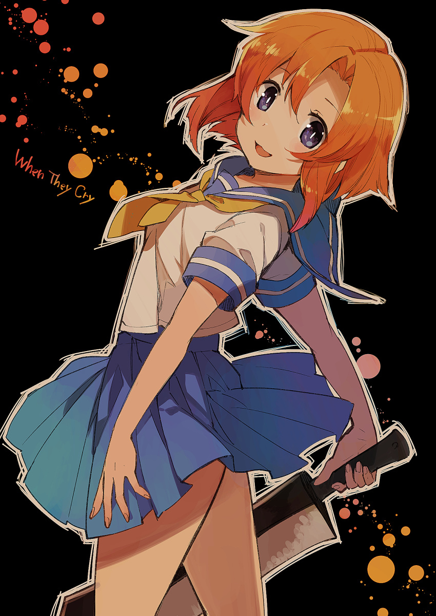 1girl bare_arms bare_legs black_background blood blood_splatter blue_eyes blue_sailor_collar blue_skirt blush commentary_request cowboy_shot english_text eyebrows_visible_through_hair gradient hanokage hatchet highres higurashi_no_naku_koro_ni holding holding_hatchet holding_weapon looking_at_viewer looking_back necktie nose_hatchet open_mouth orange_hair ryuuguu_rena sailor_collar shiny shiny_hair shirt short_hair short_sleeves simple_background skirt smile solo weapon white_shirt yellow_neckwear