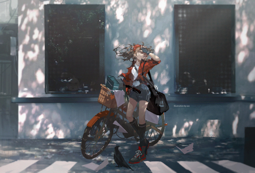 1girl angelina_(arknights) arknights bag basket bicycle bike_shorts black_gloves black_shorts brown_eyes brown_hair duffel_bag fingerless_gloves floating_hair gloves ground_vehicle hand_on_forehead highres jacket kneehighs looking_up red_jacket shirt shorts solo twintails white_shirt zzz_(orchid-dale)