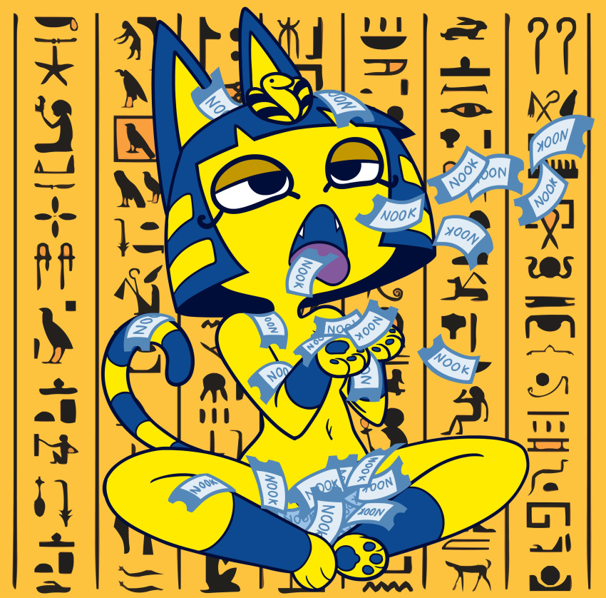 2020 absurd_res animal_crossing ankha_(animal_crossing) anthro blue_hair bob_cut convenient_censorship cupped_hands domestic_cat fangs felid feline felis female fur hair half-closed_eyes hi_res hieroglyphics looking_up mammal narrowed_eyes navel nintendo nude open_mouth pawpads short_hair sitting solo striped_tail stripes suggestive ticket tongue tongue_out video_games yellow_body yellow_fur zone
