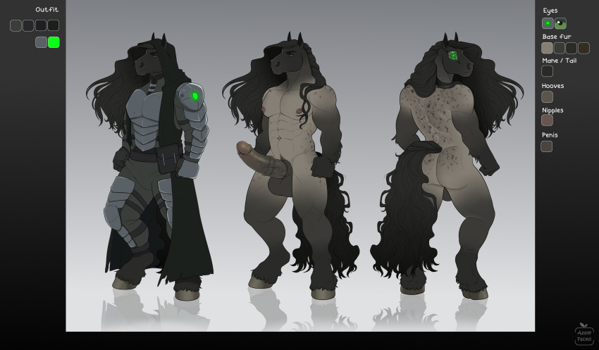 2020 abs absurd_res anthro apple-faced armor backsack balls big_penis bionic_eye black_hair butt clothed clothing digital_media_(artwork) english_text equid equine erection genitals green_eyes grey_body hair hi_res hooves horse long_hair male mammal model_sheet multiple_versions muscular muscular_anthro muscular_male navel nude penis reflection solo standing text