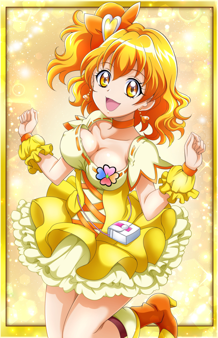 1girl :d bangs blonde_hair boots bow breasts choker cleavage collarbone covered_nipples cure_pine dress earrings eyebrows_visible_through_hair fresh_precure! hair_between_eyes hair_bow hair_ornament hanzou heart heart_earrings heart_hair_ornament high_heel_boots high_heels high_ponytail highres jewelry layered_dress leg_up long_hair medium_breasts open_mouth orange_bow orange_choker orange_footwear precure shiny shiny_hair short_dress short_sleeves side_ponytail smile solo wrist_cuffs yellow_dress yellow_eyes