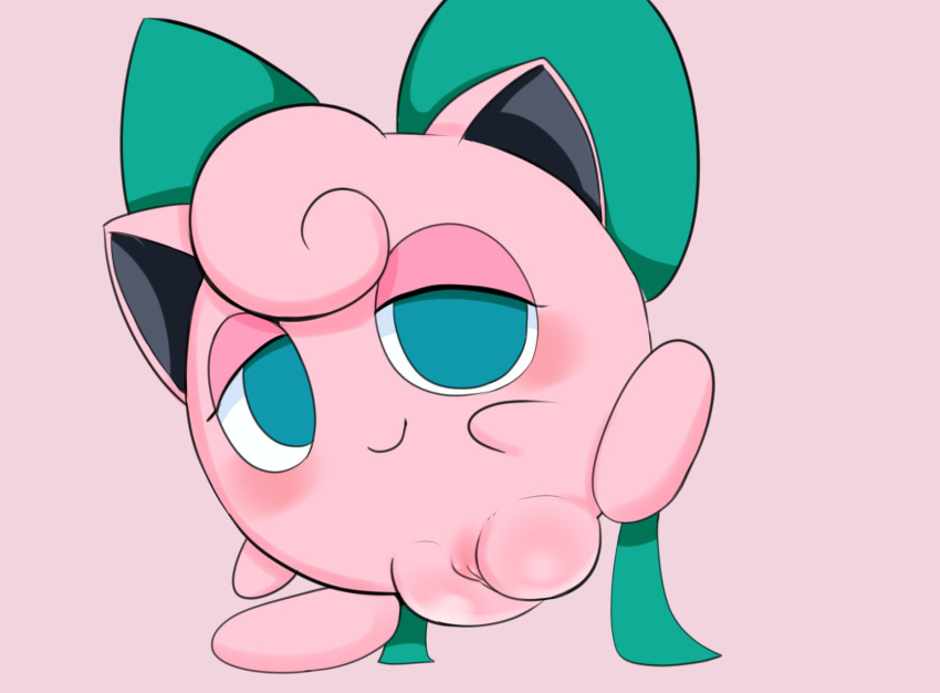 bedroom_eyes blue_eyes blush bow dizzytizzy female genitals hi_res jigglypuff narrowed_eyes nintendo one_leg_up plump_labia pok&eacute;mon pok&eacute;mon_(species) pussy raised_leg seductive simple_background smile solo video_games