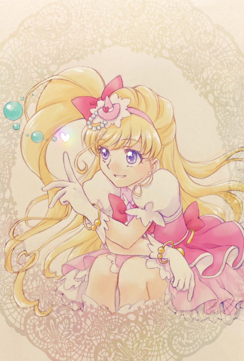 1girl aizen_(syoshiyuki) back_bow bangs blonde_hair bow bowtie bracelet cure_miracle earrings eyebrows_visible_through_hair gloves grin hair_bow hat heart heart_hat_ornament high_ponytail highres index_finger_raised jewelry layered_skirt leaning_forward long_hair mahou_girls_precure! miniskirt pink_headwear pink_skirt precure purple_eyes red_bow red_neckwear shiny shiny_hair shirt short_sleeves side_ponytail sitting skirt smile solo swept_bangs very_long_hair white_gloves white_shirt witch_hat
