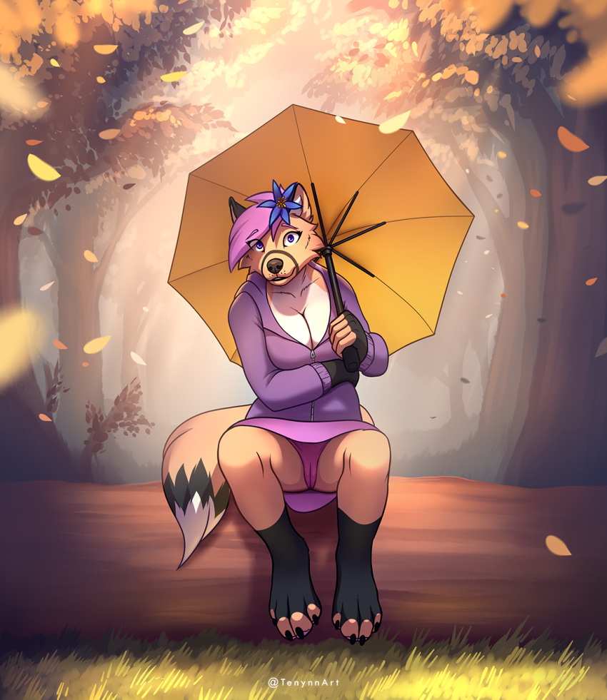 2020 anthro bottomwear breasts camel_toe canid canine cleavage clothed clothing day detailed_background digital_media_(artwork) female forest fox fully_clothed fur grass hair hi_res looking_at_viewer mammal outside panties pink_hair sitting skirt solo tenynn tree underwear