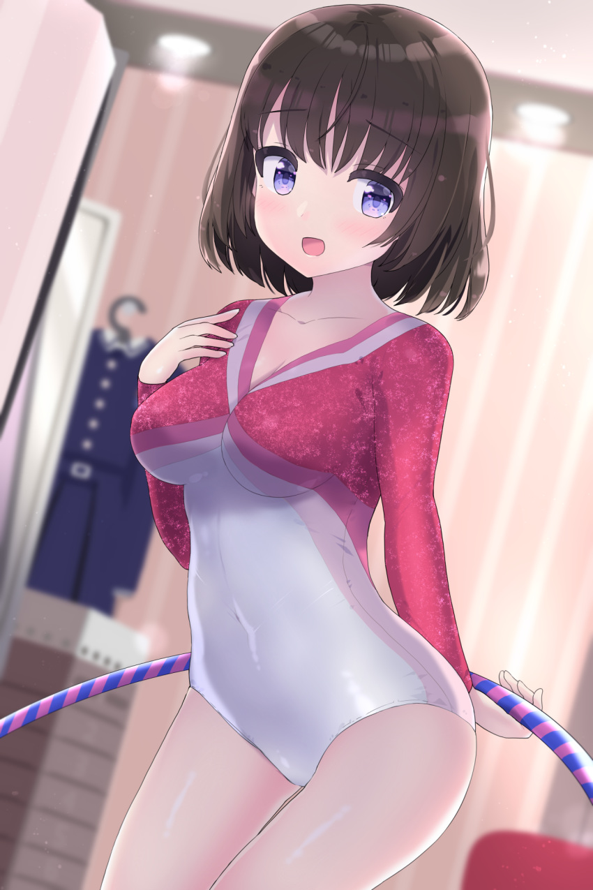 1girl alternative_girls asahina_nono athletic_leotard black_hair blurry breasts clothes_removed commentary_request cosplay cowboy_shot depth_of_field dress dutch_angle eyebrows_visible_through_hair girlfriend_(kari) gymnastics highres hoop ktsecond leotard looking_at_viewer medium_breasts multicolored_leotard purple_eyes rhythmic_gymnastics shiina_kokomi shiina_kokomi_(cosplay) short_hair solo vaulting_horse