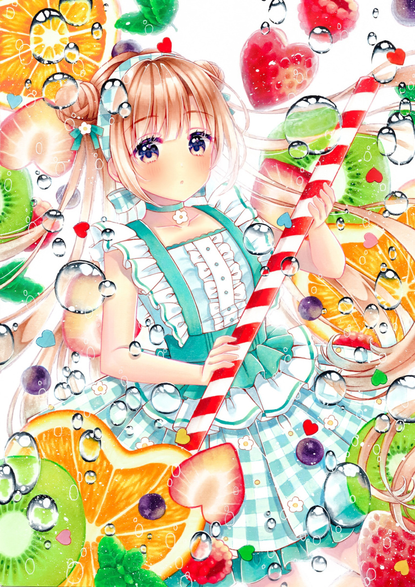 1girl bird blueberry blush brown_hair candy candy_cane double_bun dress eyebrows_visible_through_hair flat_chest food fruit fruit_background green_dress grey_eyes hairband highres kiwi lolita_fashion long_hair maripori mint open_mouth orange original peach pinafore_dress raspberry sidelocks sleeveless solo strawberry thighs traditional_media twintails white_background