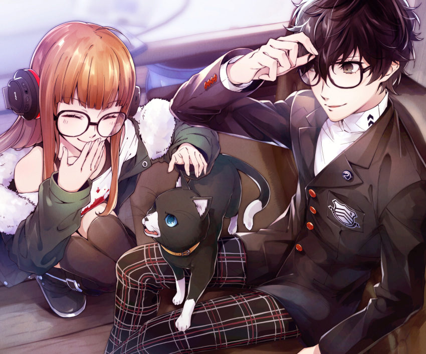 1boy 1girl ahoge amamiya_ren bangs black-framed_eyewear black_hair black_jacket black_legwear black_pants blue_eyes brown_eyes brown_hair cat closed_eyes closed_mouth coat couch from_above fur-trimmed_coat fur_trim glasses green_coat hair_between_eyes headphones highres indoors jacket long_hair long_sleeves morgana_(persona_5) off-shoulder_shirt off_shoulder pants persona persona_5 plaid plaid_pants print_shirt sakura_futaba shiny shiny_hair shirt short_hair sitting smile squatting straight_hair sweater thighhighs turtleneck turtleneck_sweater white_shirt white_sweater yuu_(isis7796)