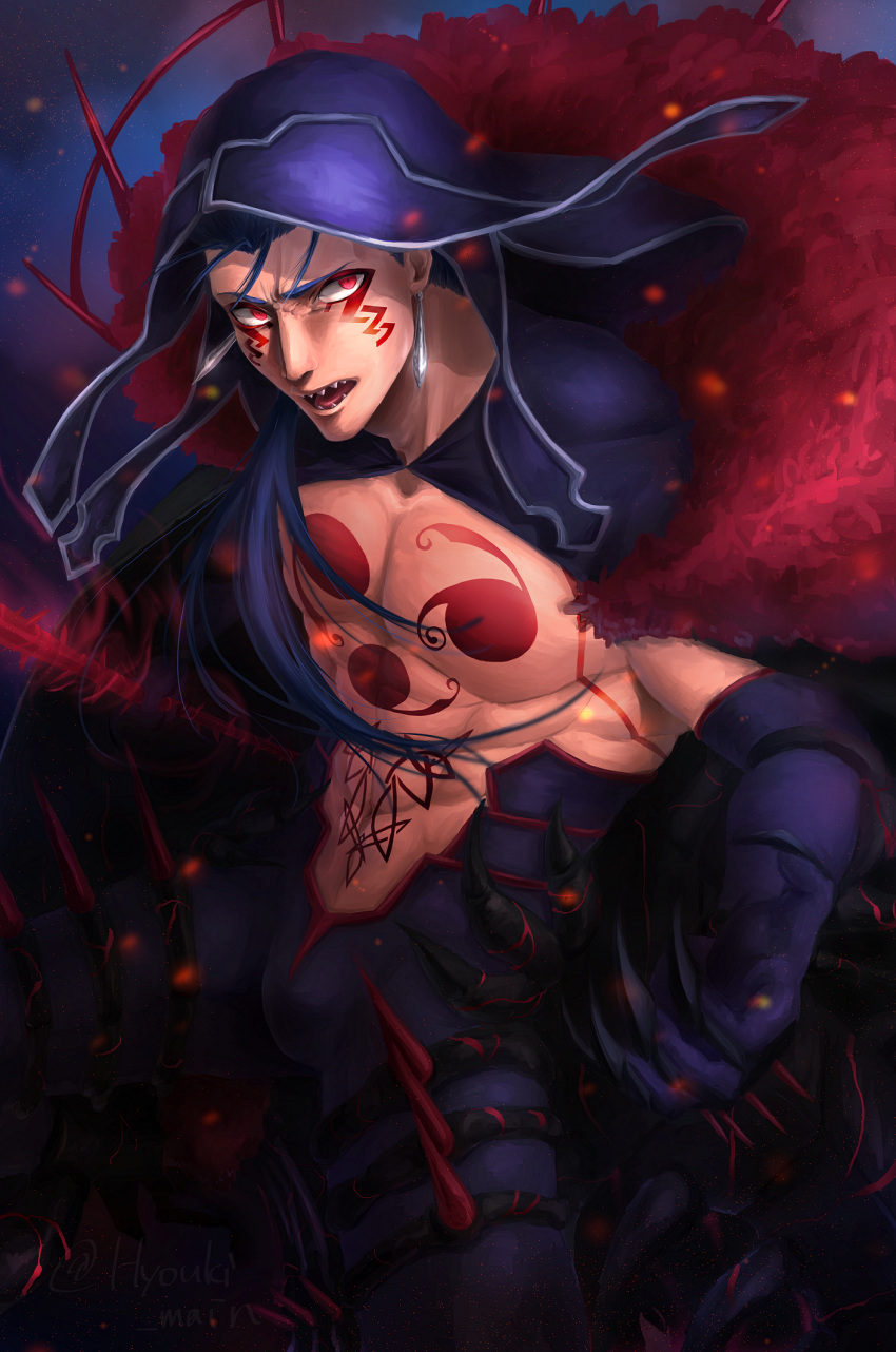 1boy abs bodypaint bulge cape claws cowboy_shot cu_chulainn_(fate)_(all) cu_chulainn_alter_(fate/grand_order) dark_blue_hair detached_hood earrings elbow_gloves facepaint fate/grand_order fate_(series) floating_hair gae_bolg gloves highres holding holding_polearm holding_weapon hood hood_up jewelry kourioni long_hair looking_to_the_side male_focus muscle open_mouth pants polearm ponytail red_eyes sharp_teeth shirtless solo spikes tail teeth tongue twitter_username type-moon weapon