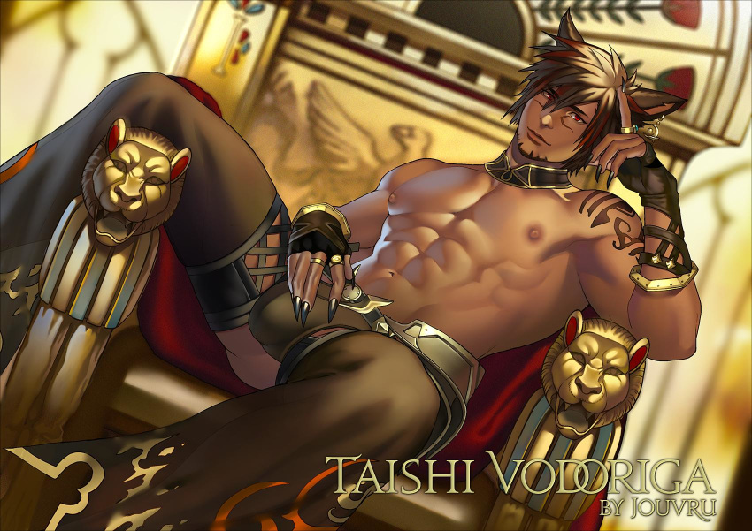 1boy abs animal_ears arm_tattoo bangs bara beard black_gloves black_nails blurry blurry_background bracelet brown_hair bulge cat_ears chaps character_name commentary commission commissioner_upload dark_skin dark_skinned_male depth_of_field earrings english_commentary eyebrows_visible_through_hair eyes_visible_through_hair facial_hair final_fantasy final_fantasy_xiv fingerless_gloves fingernails gloves hair_between_eyes highres jewelry jouvru light_smile long_fingernails looking_at_viewer male_focus miqo'te muscle nail_polish navel nipples pectorals red_eyes ring sharp_fingernails shirtless short_hair sitting solo symbol_commentary tattoo throne