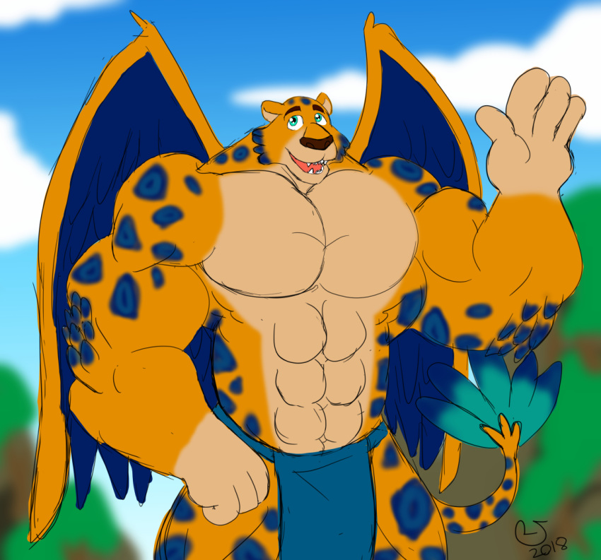 abs anthro big_muscles blue_body blue_feathers blue_fur blue_spots caseyljones clothed clothing cloud disney elena_of_avalor fangs feathers felid fur hand_up huge_muscles jaquin loincloth male mammal muscular muscular_anthro muscular_male sky skylar smile solo spots spotted_body spotted_fur wings yellow_body yellow_fur