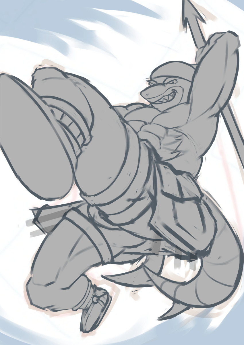 absurd_res action_pose anthro bandanna clothed clothing fish hi_res isaribi kerchief live-a-hero male marine melee_weapon monochrome muscular muscular_anthro muscular_male polearm pose shark sige315 sketch solo spear topless weapon