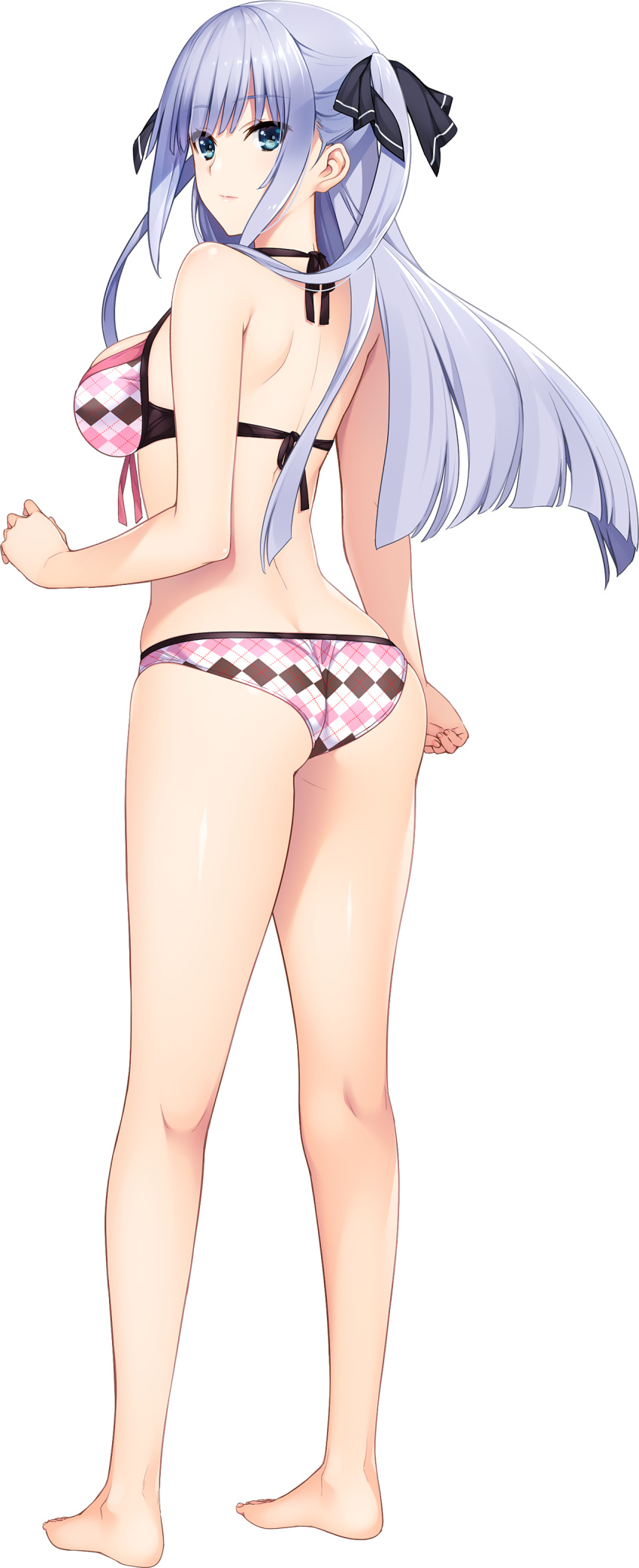 1girl absurdres argyle_bikini ass bangs barefoot blue_eyes blunt_ends expressionless full_body game_cg halter_top halterneck highres iizuki_tasuku long_hair official_art silver_hair solo standing suiren_to_shion transparent_background two_side_up wakami_shion