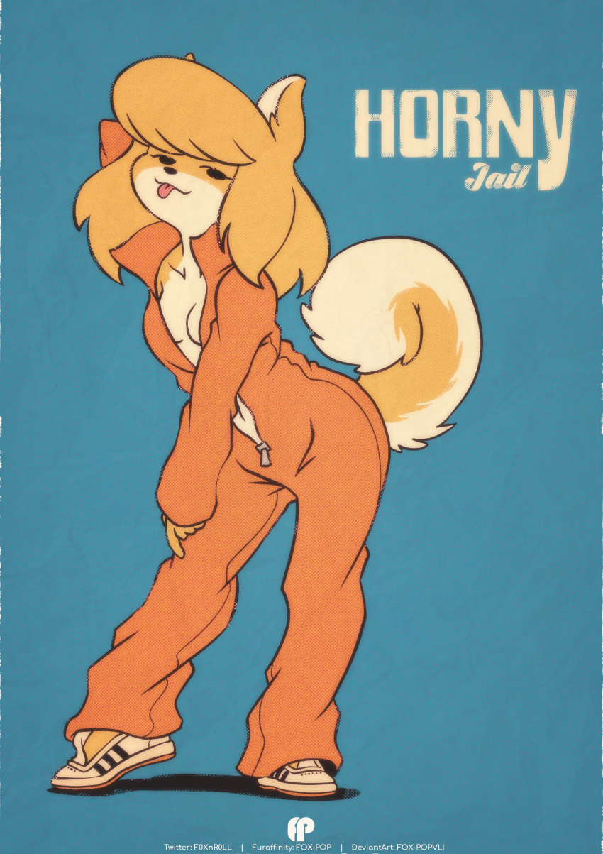 absurd_res anthro black_nose blonde_hair blue_background bottomwear breasts butterscotch_(peargor) canid canine canis clothed clothing curled_tail domestic_dog english_text female fluffy fluffy_tail footwear fox-pop front_view fur go_to_horny_jail hair half-closed_eyes hand_behind_head hi_res long_hair looking_at_viewer mammal medium_breasts meme monotone_hair multicolored_body multicolored_fur narrowed_eyes navel orange_bottomwear orange_clothing orange_topwear pose prison_jumpsuit prison_uniform shiba_inu shoes simple_background solo spitz standing teasing text tongue tongue_out topwear two_tone_body two_tone_fur two_tone_tail unzipped white_body white_fur yellow_body yellow_fur