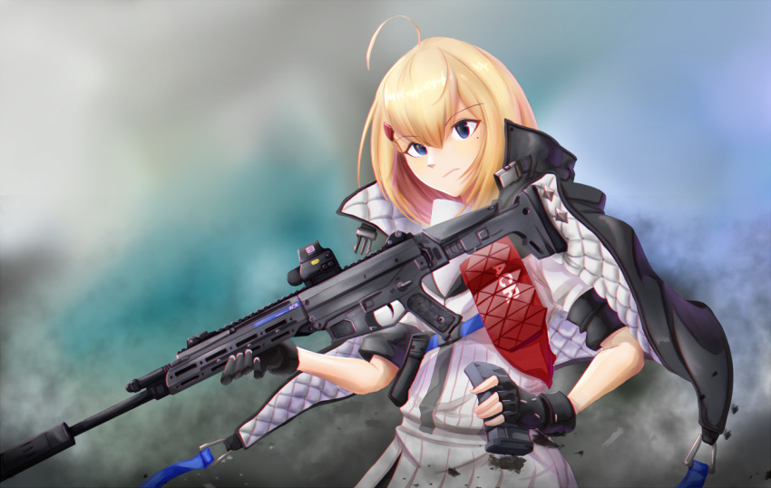 1girl acr_(girls_frontline) ahoge assault_rifle blonde_hair blue_eyes bushmaster_acr character_name fingerless_gloves girls_frontline gloves gun hair_ornament haonfest_art holding holding_gun holding_magazine_(weapon) holding_weapon jacket left-handed long_hair looking_at_viewer reloading rifle simple_background solo suppressor weapon