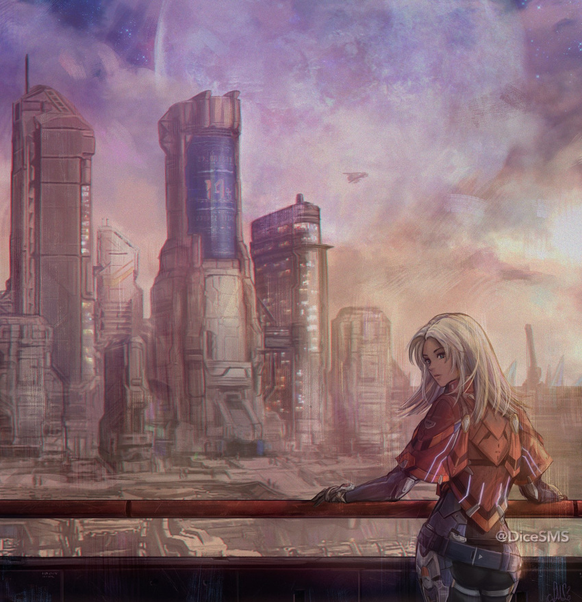 1girl armor building cityscape cowboy_shot dark_skin elma_(xenoblade_x) english_text from_behind highres long_hair night outdoors scenery skyscraper solo stephanie_sybydlo white_hair xenoblade_chronicles_(series) xenoblade_chronicles_x