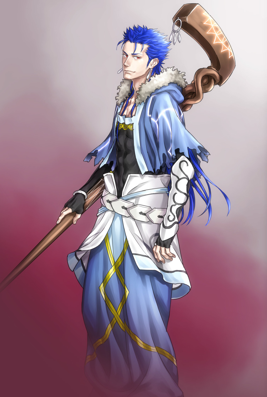 1boy belt blue_hair bracelet capelet claptrack closed_mouth cu_chulainn_(fate)_(all) cu_chulainn_(fate/grand_order) earrings fate/grand_order fate_(series) fur-trimmed_hood fur_trim highres holding holding_staff hood hood_down hooded_capelet jewelry long_hair looking_at_viewer male_focus muscle red_eyes smile solo spiked_hair staff standing type-moon vambraces wooden_staff