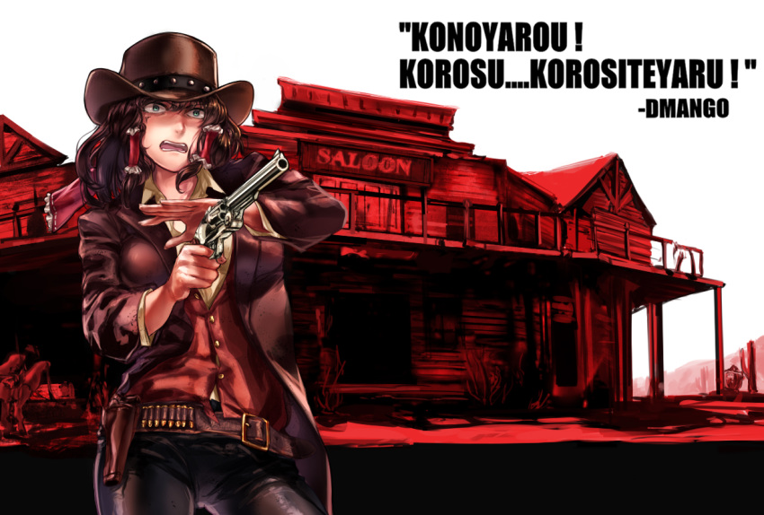 2girls alternate_costume ammunition angry belt black_pants blazer blonde_hair breasts brown_belt brown_hair brown_headwear brown_jacket bullet cactus collared_shirt commentary_request cookie_(touhou) cowboy_hat cowboy_shot crossover green_eyes gun hair_tubes hakurei_reimu handgun hat holster jacket kirisame_marisa long_sleeves medium_breasts medium_hair megafaiarou_(talonflame_810) multiple_girls pants red_dead_redemption red_theme red_vest rei_(cookie) revolver romaji_text rurima_(cookie) saloon shirt sky solo teeth touhou translation_request vest weapon western white_shirt white_sky witch_hat