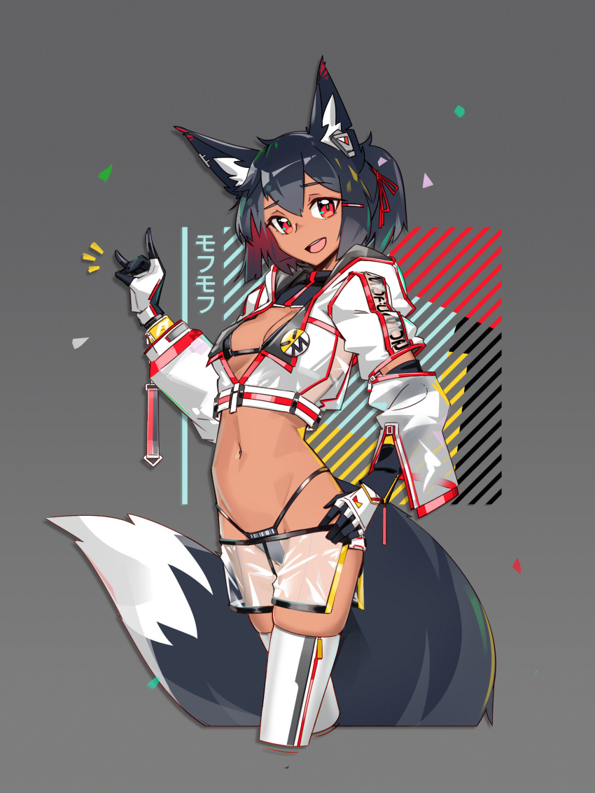 1girl absurdres animal_ear_fluff animal_ears bangs bikini black_bikini black_hair breasts cropped_jacket cropped_legs dark_skin dark_skinned_female deel_(rkeg) eyebrows_visible_through_hair fox_ears fox_shadow_puppet fox_tail gloves grey_background hand_on_hip highres navel open_mouth original red_eyes see-through short_ponytail shorts small_breasts solo swimsuit tail thighhighs