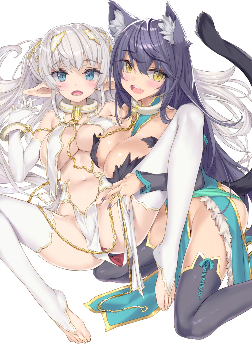 2girls :d absurdres animal_ear_fluff animal_ears black_hair black_legwear blue_eyes blush breast_curtains breasts cleavage collar cuffs detached_sleeves detexted elbow_gloves elf eyebrows_visible_through_hair fangs fingernails gloves hair_ornament highres large_breasts long_fingernails looking_at_viewer lying multiple_girls nail_polish navel no_panties non-web_source open_mouth original pelvic_curtain pointy_ears revealing_clothes scan shackles sharp_fingernails silver_hair simple_background sitting smile spread_legs tail thighhighs third-party_edit toeless_legwear tsurusaki_takahiro two_side_up white_background white_gloves white_legwear yellow_eyes yokozuwari