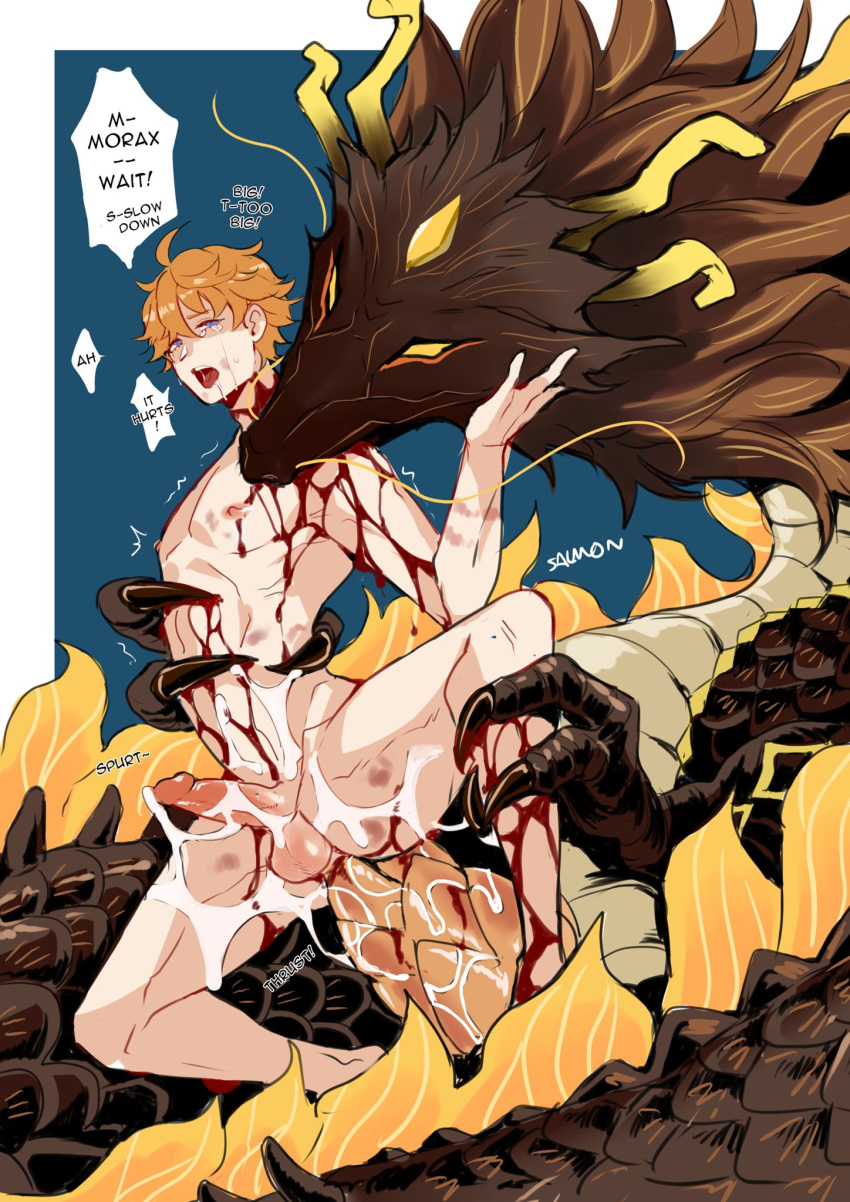 2boys anal bangs bestiality biting blood blue_eyes bruise claws crying crying_with_eyes_open cum cum_on_body dragon dragon_horns drooling eastern_dragon english_text fur genshin_impact hair_between_eyes hand_on_another's_head highres holding horns injury male_focus multiple_boys nipples nude open_mouth orange_hair penis ribs saliva scales short_hair simple_background speech_bubble sushisalmon95 tartaglia_(genshin_impact) tears testicles trembling whiskers yellow_eyes zhongli_(genshin_impact)