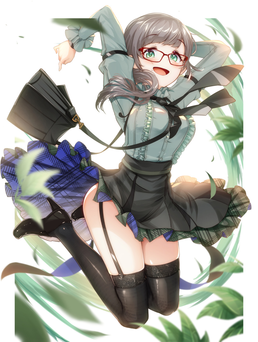 1girl :d arms_up bag bangs black_footwear black_legwear black_neckwear blue_skirt blurry blurry_foreground blush breasts brown_hair buttons center_frills character_request cluseller commentary_request copyright_request depth_of_field eyebrows_visible_through_hair frilled_skirt frills full_body garter_straps glasses green_eyes green_shirt green_skirt green_theme high-waist_skirt high_heels highres jumping lace lace-trimmed_legwear lace_trim large_breasts leaf long_hair long_sleeves looking_at_viewer miniskirt mole mole_under_mouth necktie open_mouth petticoat plaid red-framed_eyewear shirt shirt_tucked_in simple_background skirt smile solo thighhighs thighs unmoving_pattern white_background