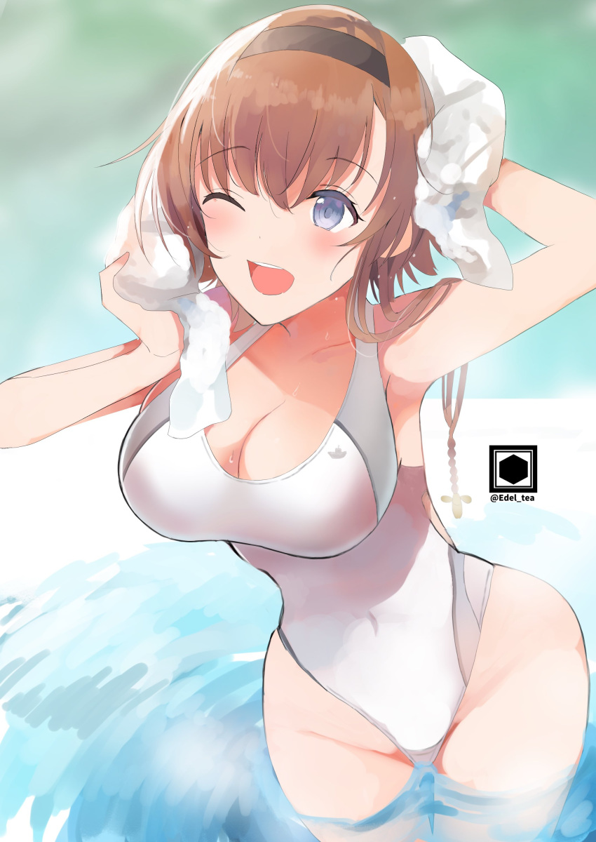 1girl absurdres blue_eyes blush breasts brown_hair cleavage collarbone covered_navel drying drying_hair edel_(edelcat) hair_ornament headband highres kantai_collection large_breasts looking_at_viewer one-piece_swimsuit one_eye_closed open_mouth propeller_hair_ornament solo swimsuit teruzuki_(kantai_collection) towel twintails white_swimsuit white_towel