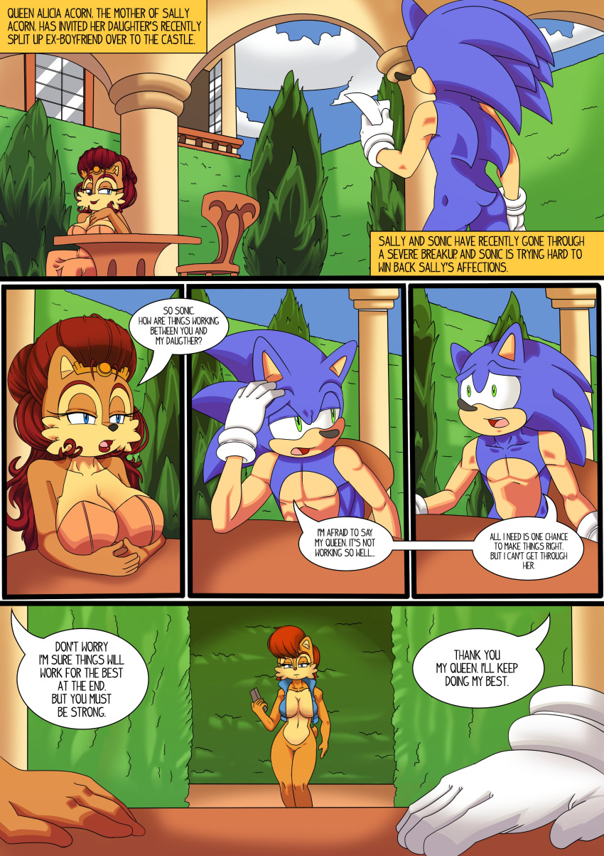 absurd_res alicia_acorn anthro archie_comics big_breasts blue_body blue_eyes blue_fur breasts brown_body brown_fur chipmunk clothing comic dialogue digital_media_(artwork) duo english_text eulipotyphlan female fur gloves green_eyes ground_squirrel group hair handwear hedgehog hi_res male mammal mature_female mother parent rodent sally_acorn sciurid sonic_the_hedgehog sonic_the_hedgehog_(archie) sonic_the_hedgehog_(comics) sonic_the_hedgehog_(series) superbunnygt text