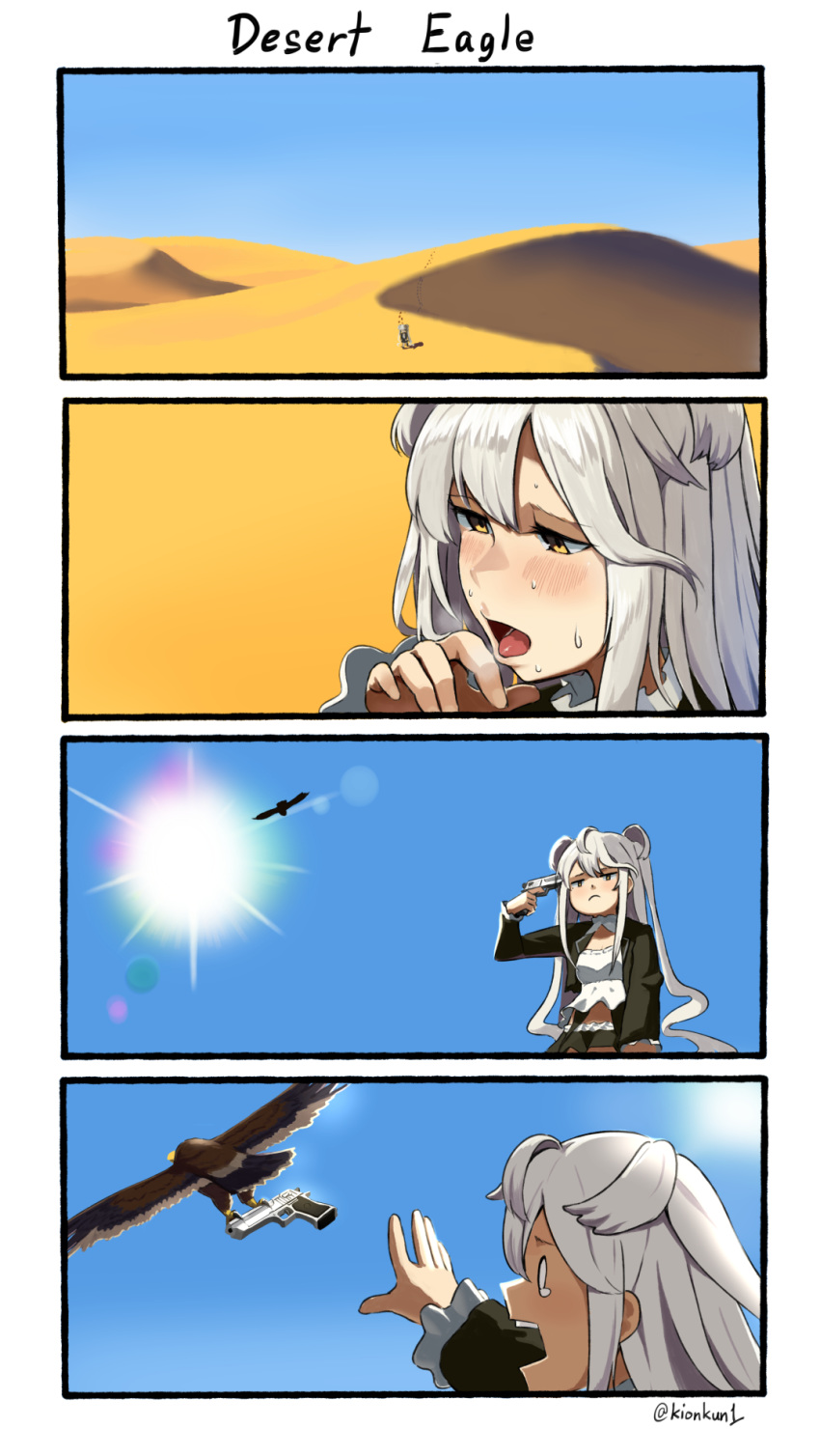 1girl bird desert desert_eagle desert_eagle_(girls_frontline) eagle english_commentary english_text girls_frontline gun gun_to_head handgun highres jacket kion-kun open_clothes open_jacket open_mouth sand sun sun_glare sweat tears too_literal twitter_username weapon white_hair yellow_eyes