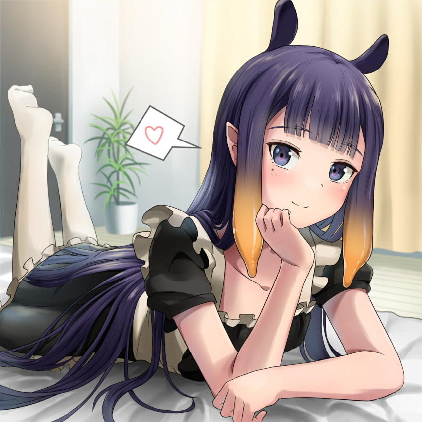 1girl alternate_costume apron bangs black_dress blunt_bangs chin_rest curtains day dress enmaided hair_flowing_over heart highres hololive hololive_english indoors long_hair looking_at_viewer lying maid mole mole_under_eye ninomae_ina'nis no_hair_ornament no_headwear on_bed on_stomach pantyhose plant pointy_ears potted_plant purple_eyes purple_hair sidelocks smile solo spoken_heart t_corve tentacle_hair the_pose very_long_hair virtual_youtuber white_legwear