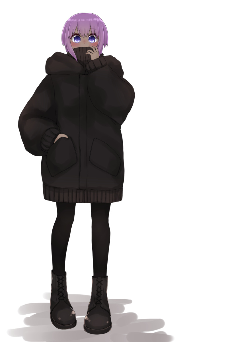 1girl bangs black_footwear black_jacket black_legwear black_sweater blush boots covered_mouth cross-laced_footwear dark_skin eyebrows_visible_through_hair fate/prototype fate/prototype:_fragments_of_blue_and_silver fate_(series) full_body hair_between_eyes hand_in_pocket hand_up hassan_of_serenity_(fate) highres hood hood_down hooded_jacket i.u.y jacket lace-up_boots long_sleeves looking_at_viewer pantyhose purple_eyes purple_hair sidelocks sleeves_past_wrists solo standing sweater turtleneck turtleneck_sweater white_background