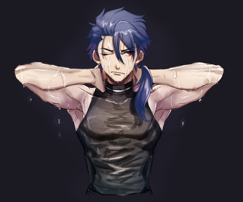 1boy angry black_background blue_hair choker cu_chulainn_(fate)_(all) cu_chulainn_(fate/prototype) earrings fate/prototype fate_(series) frown hoop_earrings jewelry long_hair looking_to_the_side male_focus one_eye_closed ponytail red_eyes shirt simple_background skin_tight sleeveless sleeveless_shirt solo sou_(e1209) spiked_hair type-moon wet wet_clothes wet_shirt