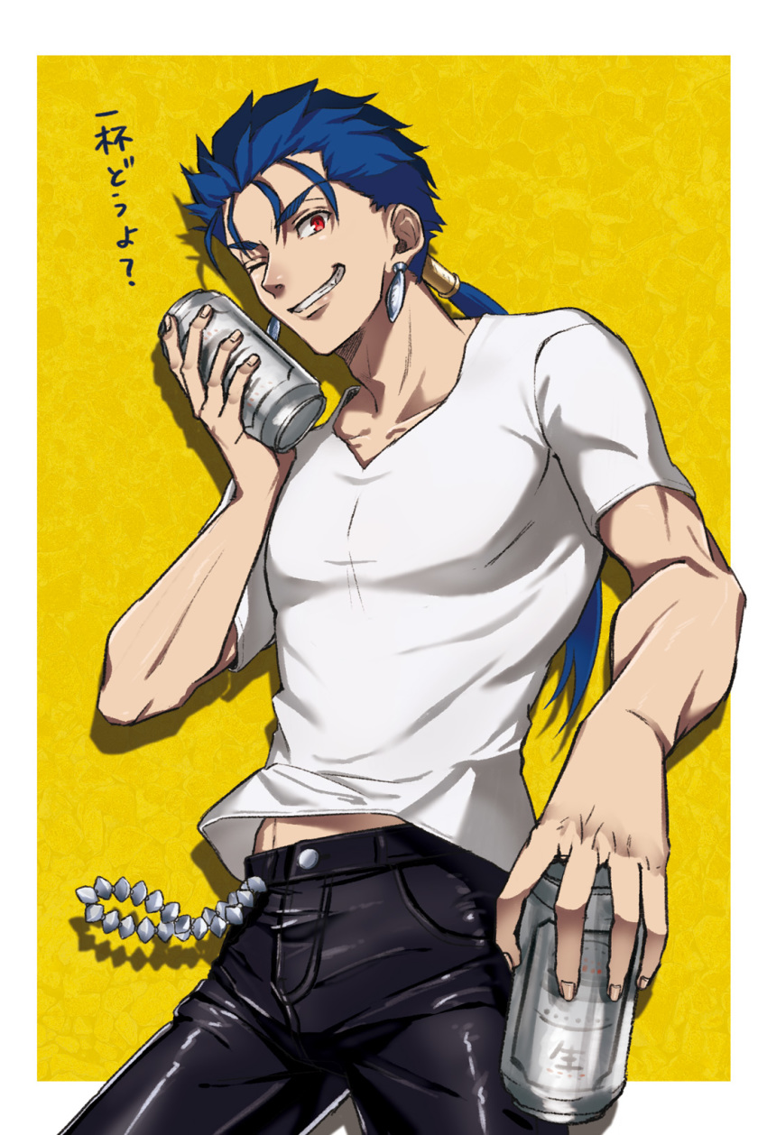 1boy alternate_costume beads beer_can blue_hair can chain cowboy_shot cu_chulainn_(fate)_(all) cu_chulainn_(fate/grand_order) earrings fang fate/stay_night fate_(series) grin hair_beads hair_ornament highres holding holding_can jewelry lancer leather leather_pants long_hair looking_at_viewer male_focus muscle one_eye_closed pants ponytail red_eyes shirt smile solo sou_(e1209) spiked_hair t-shirt translation_request type-moon