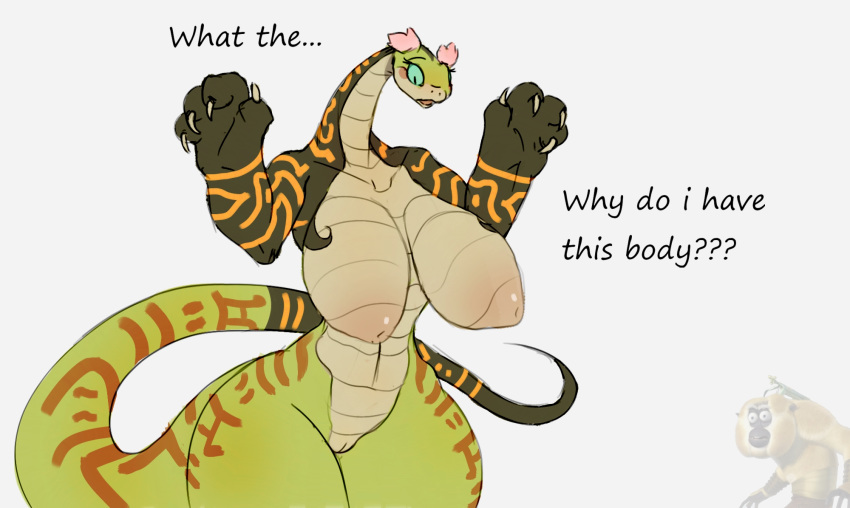 anthro big_breasts breasts dialogue dreamworks genitals haplorhine hi_res huge_breasts inverted_nipples kung_fu_panda mammal master_mantis master_monkey master_viper monkey nipples nude primate pussy reptile scalie simple_background snake venjiiart white_background