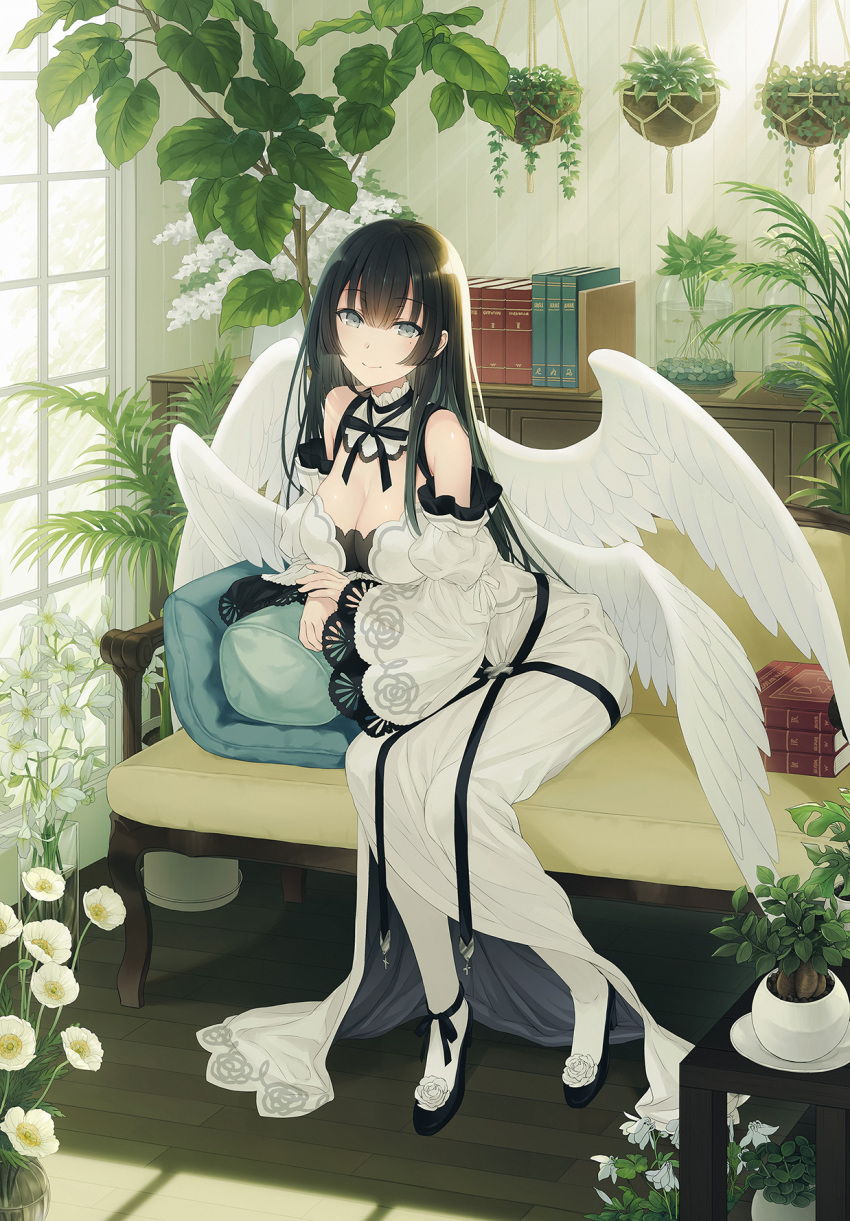 1girl angel_wings armpit_crease bare_shoulders black_footwear black_hair book book_stack breasts cleavage couch detached_sleeves dress feathered_wings flower grey_eyes high_heels highres indoors juliet_sleeves large_breasts lily_(flower) long_dress long_hair long_sleeves looking_at_viewer mole mole_under_eye on_couch original pillow plant potted_plant puffy_sleeves shelf sidelocks sitting smile socks solo white_dress white_flower white_legwear wide_sleeves window window_shade wings yashiro_seika