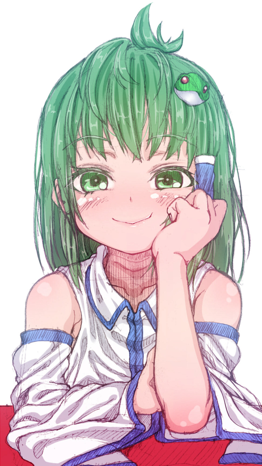 1girl ahoge bare_shoulders blush closed_mouth collarbone commentary_request detached_sleeves eyebrows_visible_through_hair flat_chest frog_hair_ornament green_eyes green_hair hair_ornament hair_tubes hand_on_own_cheek hand_on_own_face highres karasawa-40 kochiya_sanae looking_at_viewer medium_hair shirt simple_background sitting smile solo table touhou upper_body white_background white_shirt white_sleeves younger