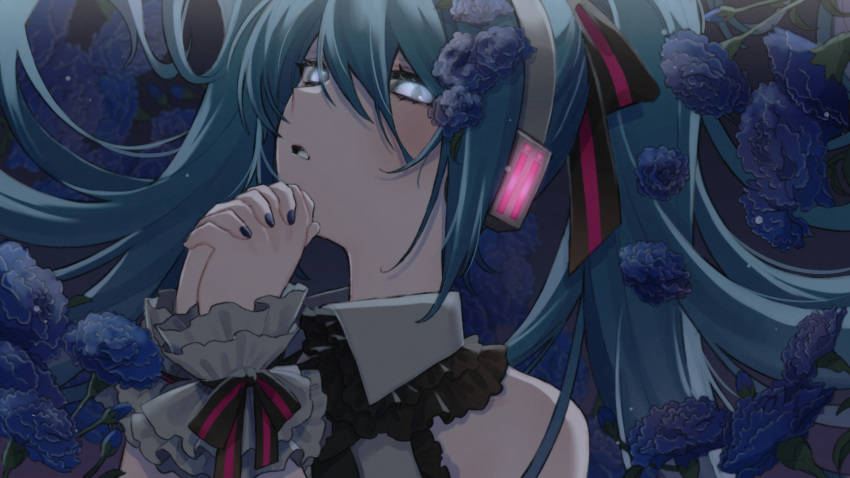 1girl bangs bare_shoulders black_nails blue_eyes blue_flower collared_shirt commentary_request flower glowing green_hair hair_between_eyes hands_clasped hands_up hatsune_miku headphones highres kouhara_yuyu long_hair looking_at_viewer nail_polish own_hands_together shirt sleeveless sleeveless_shirt solo twintails upper_body vocaloid white_shirt