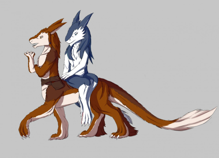 2018 4_fingers 4_toes ambiguous_gender anthro blue_body blue_eyes blue_fur brown_body brown_fur duo fingers fur grey_background nude orange_body orange_fur riding sad sergal sergal_taur simple_background tail_tuft taur toes tuft white_body white_fur yellow_eyes zarakon