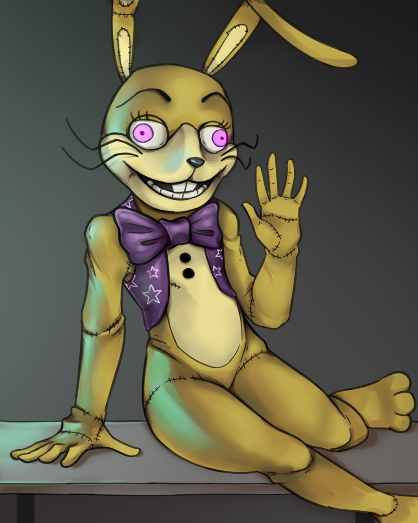 2019 3_toes 4:5 5_fingers anthro barefoot bench black_eyebrows black_nose bottomless bow_tie buckteeth clothed clothing creeper2545 cross-eyed eyebrows eyelashes fingers five_nights_at_freddy's five_nights_at_freddy's_vr:help_wanted fnaf_vr_help_wanted glitchtrap greeting grey_background hi_res lagomorph leporid long_ears long_whiskers looking_at_viewer male mammal pink_eyes rabbit simple_background sitting smile solo stitch_(disambiguation) teeth thick_thighs toes topwear vest video_games whiskers yellow_body yellow_ears