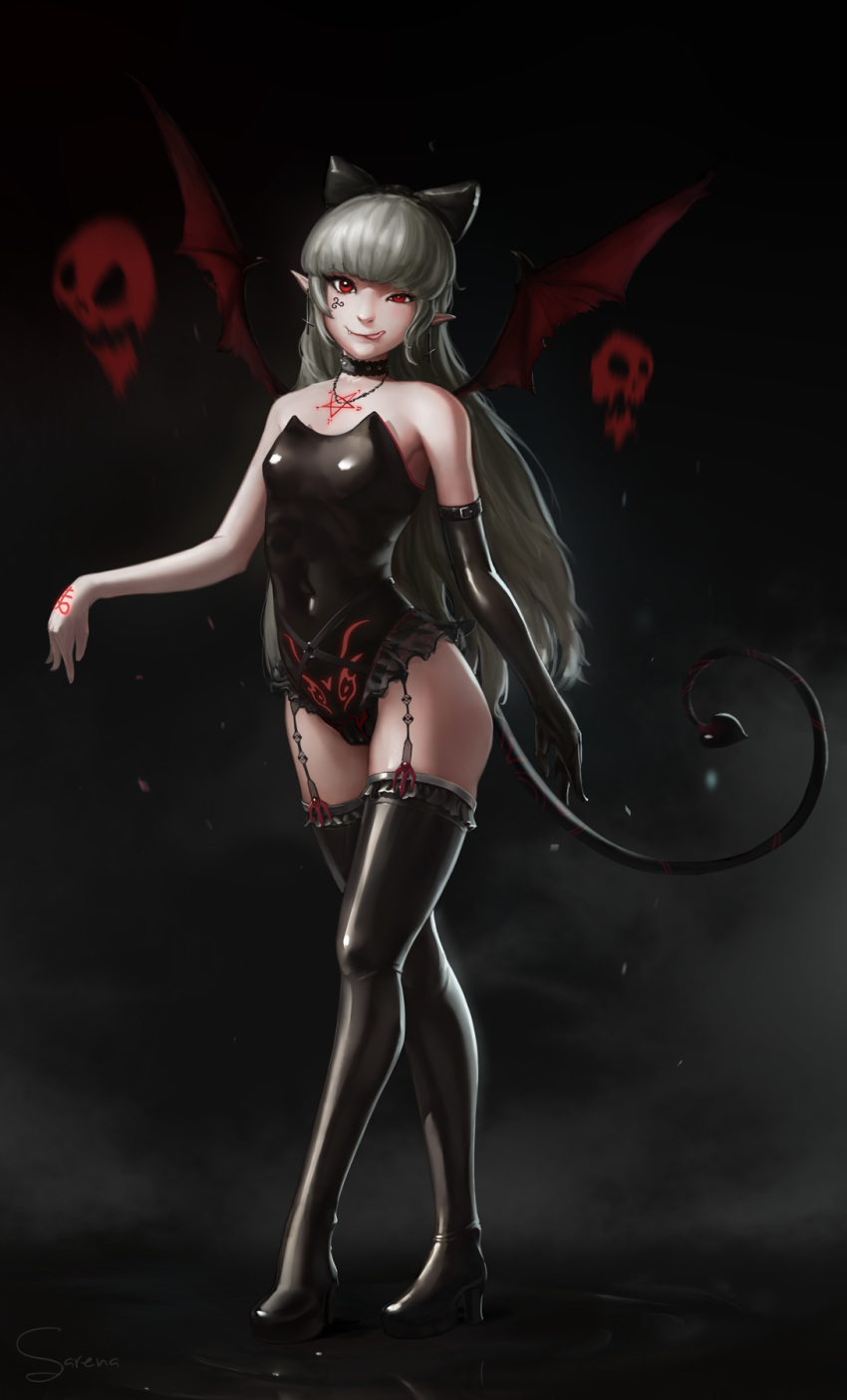 1girl bare_shoulders black_bow black_choker black_footwear black_gloves boots bow cameltoe choker covered_navel cross cross_earrings demon_girl demon_tail demon_wings earrings elbow_gloves facial_tattoo fang fang_out frilled_choker frilled_legwear frills garter_belt gloves glowing glowing_tattoo grey_hair heart heart_tail high_heels highres jewelry long_hair original pentagram pointy_ears red_eyes sarena signature single_glove skull solo spiked_choker spikes spirit standing succubus tail tattoo thigh_boots thighhighs tongue tongue_out torn torn_wings wings