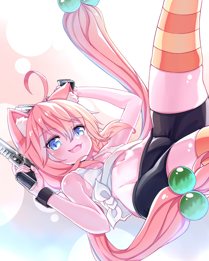 1girl absurdres ahoge animal_ear_fluff animal_ears armpits arms_up bike_shorts black_shorts blue_eyes breasts cat_ears cat_girl chinese_commentary commentary_request dual_wielding fang gun hair_bobbles hair_ornament handgun highres hinata_channel holding legs legs_up long_hair low_twintails mismatched_legwear navel nekomiya_hinata open_mouth orange_legwear pink_hair shirt_lift short_shorts shorts small_breasts smile solo striped striped_legwear tank_top thighhighs thighs twintails very_long_hair virtual_youtuber weapon white_tank_top wuhuo