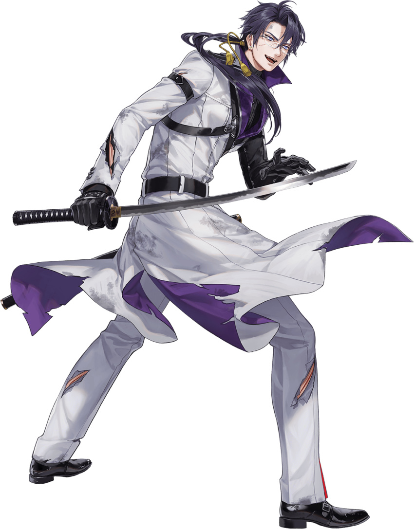 1boy belt black_gloves black_hair blue_eyes coat dirty dirty_clothes earrings full_body glasses gloves highres injury jewelry katana male_focus nikkou_ichimonji official_art open_mouth pants ponytail sheath smile stud_earrings suda_ayaka sword tassel torn_clothes torn_pants touken_ranbu transparent_background weapon white_pants