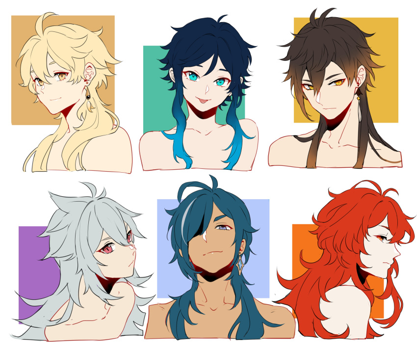 6+boys absurdres aether_(genshin_impact) ahoge bangs black_hair blonde_hair blue_eyes blue_hair brown_hair closed_mouth collarbone dark_skin dark_skinned_male diluc_(genshin_impact) earrings eyepatch genshin_impact gradient_hair green_eyes grey_hair hair_between_eyes highres jewelry kaeya_(genshin_impact) long_hair looking_at_viewer multicolored_hair multiple_boys open_mouth otoko_no_ko razor_(genshin_impact) red_eyes red_hair simple_background single_earring smile sushisalmon95 tongue tongue_out venti_(genshin_impact) white_background yellow_eyes zhongli_(genshin_impact)