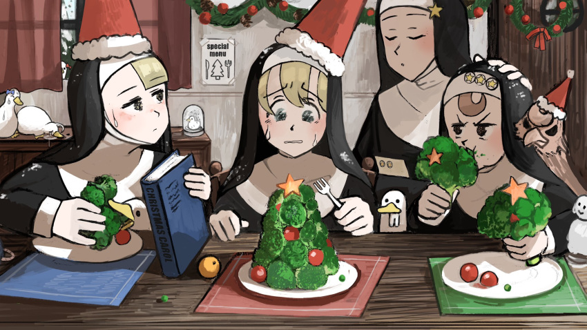 4girls :&gt; bird blue_bow book bow broccoli carrot catholic chair cheating_(competitive) chicken christmas_ornaments christmas_wreath closed_eyes covering crying curtains diva_(hyxpk) drawer duck eating food fork garland_(decoration) habit hair_bow hand_on_another's_head hat highres holding holding_book holding_food holding_fork little_nun_(diva) melting mouse mouse_tail multiple_girls nun ostrich peas peeking pinecone poster_(object) puddle red_bow santa_hat scared silhouette snow snow_globe snowman star_(symbol) sticker tail tears tomato window wooden_door wooden_table