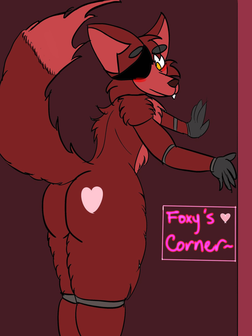 3:4 animatronic anthro blush brown_nose butt canid canine corvusthefox digital_media_(artwork) eye_patch eyewear five_nights_at_freddy's fox foxy_(fnaf) fur grey_hands heart_on_butt hi_res machine male mammal nude presenting presenting_hindquarters raised_tail red_body red_fur robot solo teeth video_games yellow_eyes