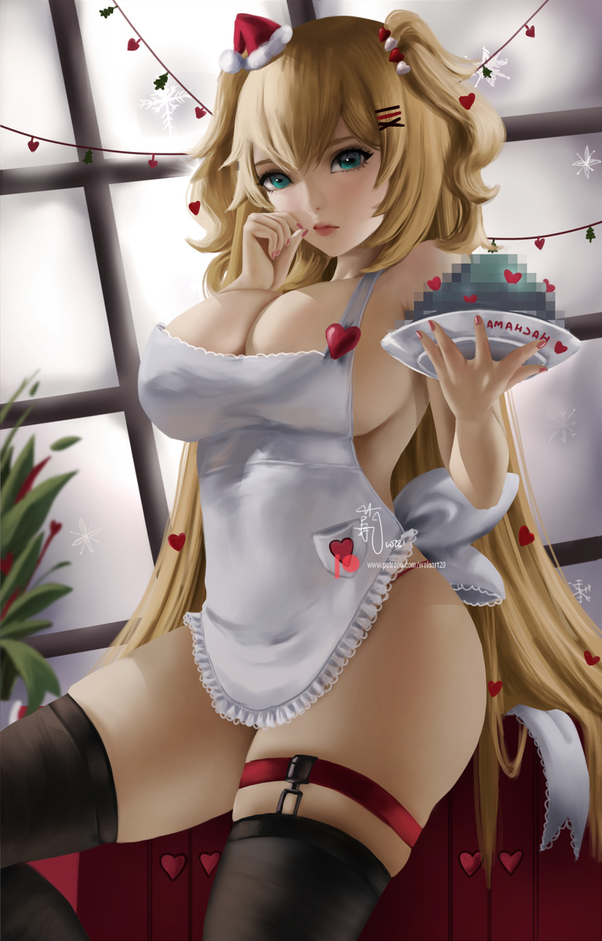 1girl akai_haato apron black_legwear blonde_hair breasts censored censored_food christmas_ornaments cleavage hair_ornament hat heart heart_hair_ornament highres hololive large_breasts lipstick long_hair makeup mini_hat mini_santa_hat nail_polish nearly_naked_apron no_bra panties patreon_logo plate red_panties santa_hat short_twintails signature skindentation snowflakes solo thigh_strap thighhighs twintails underwear wei_(promise_0820)