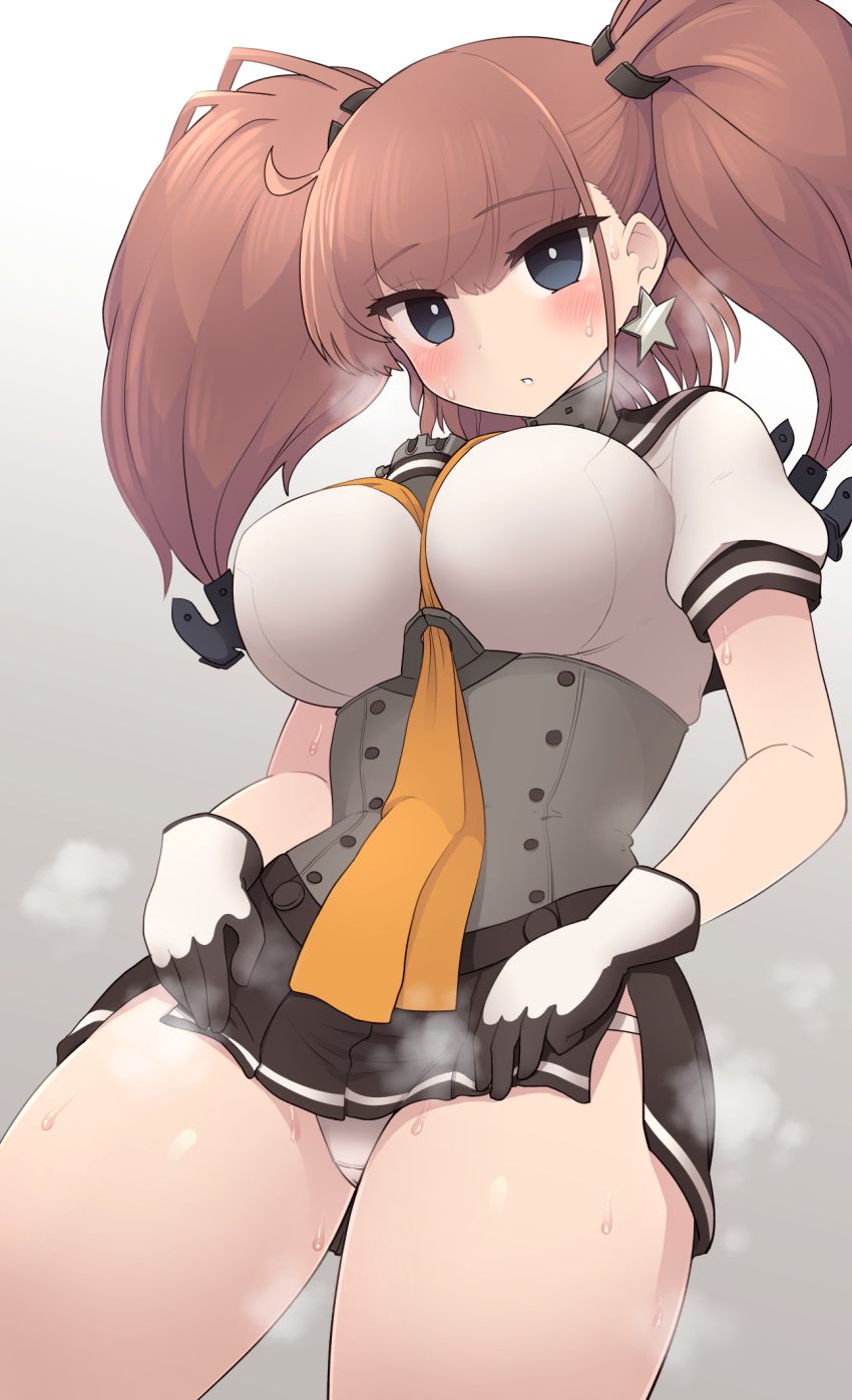 1girl alternate_costume anchor_hair_ornament atlanta_(kantai_collection) black_gloves black_skirt breasts brown_hair corset cosplay earrings gloves grey_eyes hair_ornament highres jewelry kantai_collection large_breasts long_hair miniskirt multicolored multicolored_clothes multicolored_gloves neckerchief panties pleated_skirt school_uniform serafuku simoyuki skirt solo star_(symbol) star_earrings teruzuki_(kantai_collection) teruzuki_(kantai_collection)_(cosplay) two_side_up underwear white_gloves white_panties yellow_neckwear