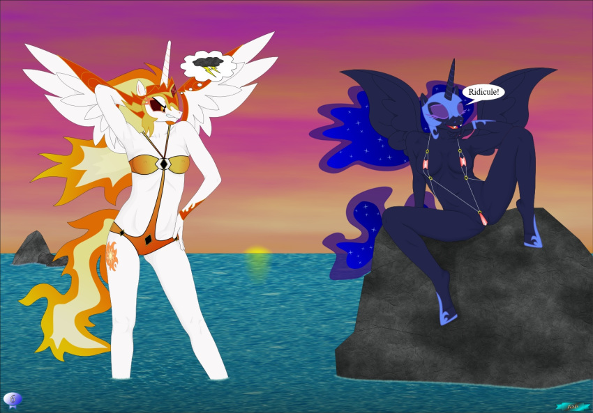 anthro beach bikini breasts clothing daybreaker_(mlp) duo fab3716 female friendship_is_magic hasbro my_little_pony nightmare_moon_(mlp) seaside swimwear