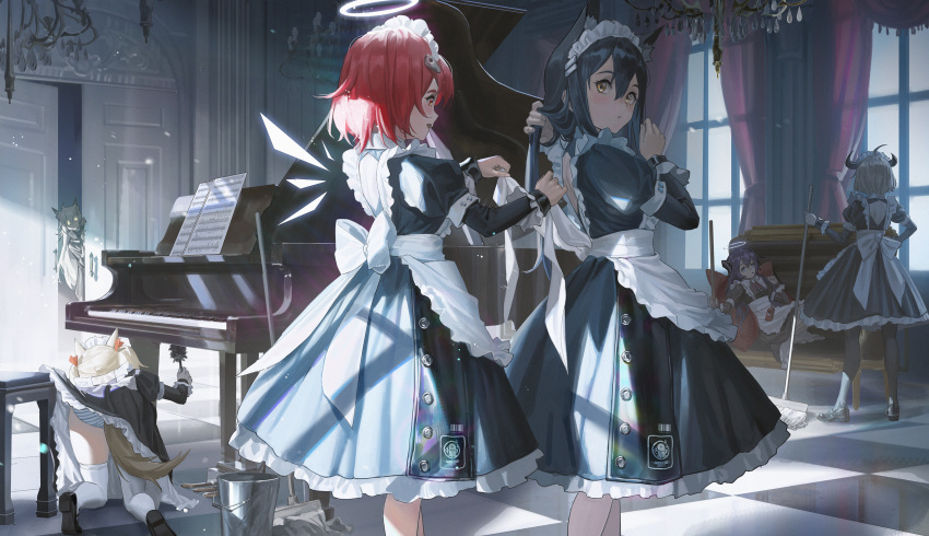 animal_ears arknights exusiai_(arknights) instrument maid panties piano skirt_lift striped_panties tagme_(artist) tagme_(character) tail underwear